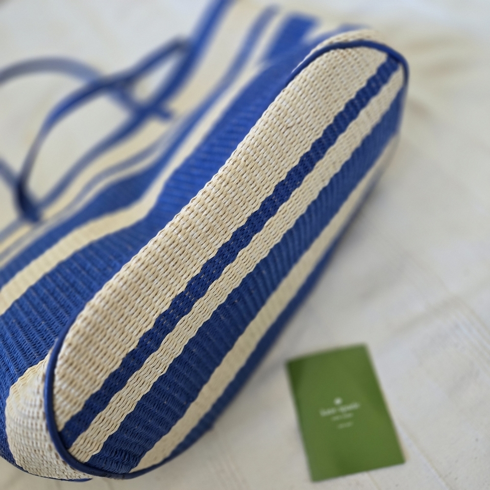 New Kate Spade Wicklow Court Anabette Striped Straw Tote Bag Beige Azure Blue - Picture 12 of 16